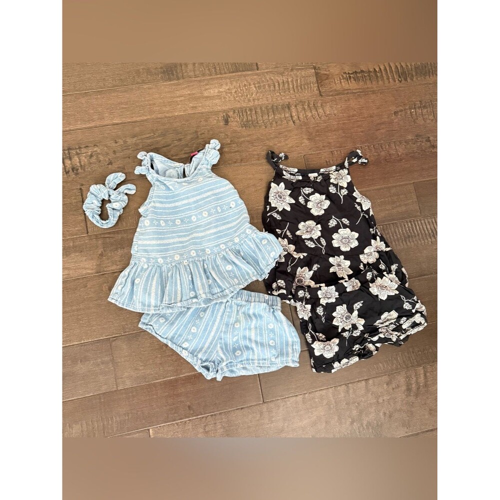 Toddler Girls' Summer Tank & Romper Sets - Blue Stripe + Black Floral Kids 3T